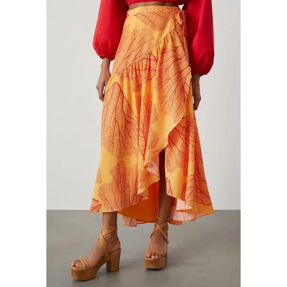 Anthropologie Hutch Skirt Wrap Maxi Orange Floral Preppy Vacay Boho Size XL NWT